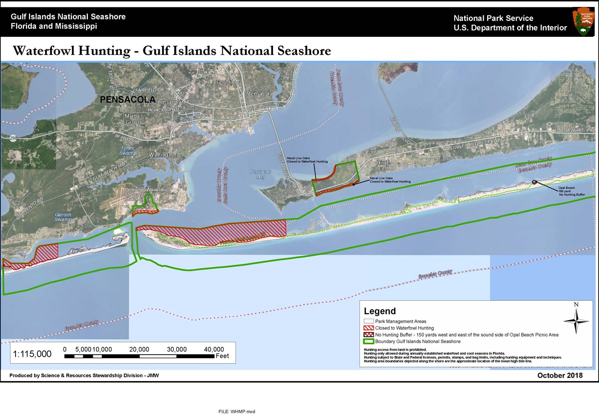 Map of the Pensacola Bay area showing park boundary lines and no hunting areas within those boundaries. Map of the Pensacola Bay area showing park boundary lines and no hunting areas within those boundaries.