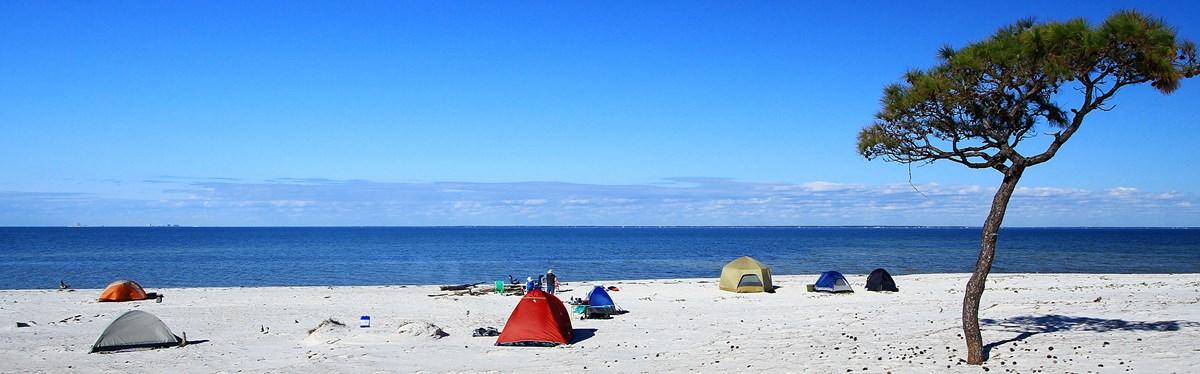 Tents are setup along a white sand beach.