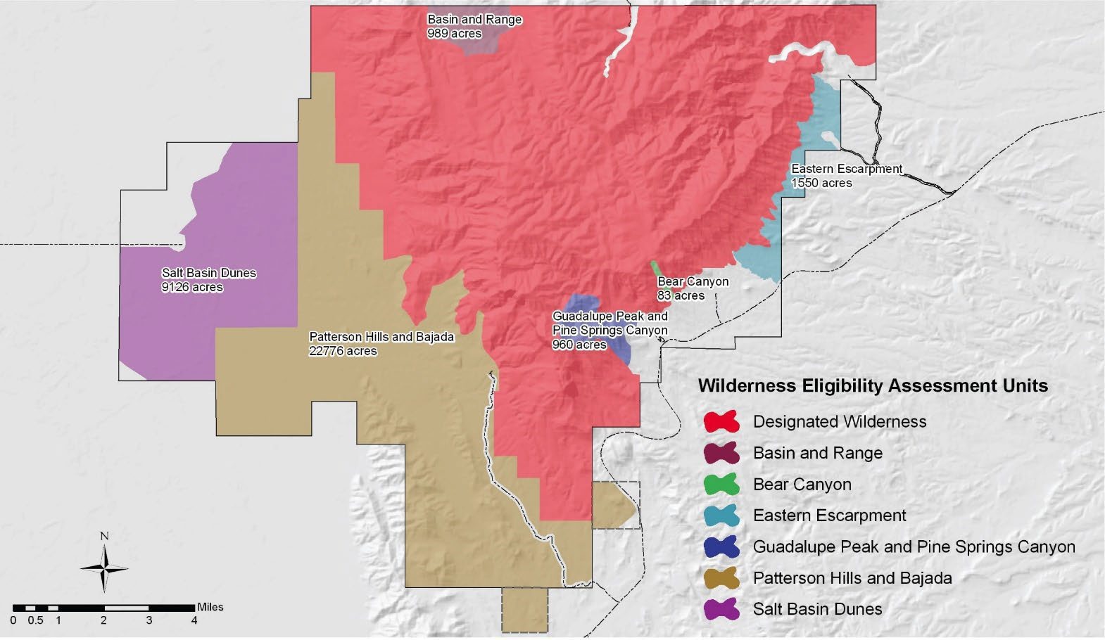 Map showing the designated and eligible Wilderness lands within Guadalupe Mountains National Park. Find a description in the text below.