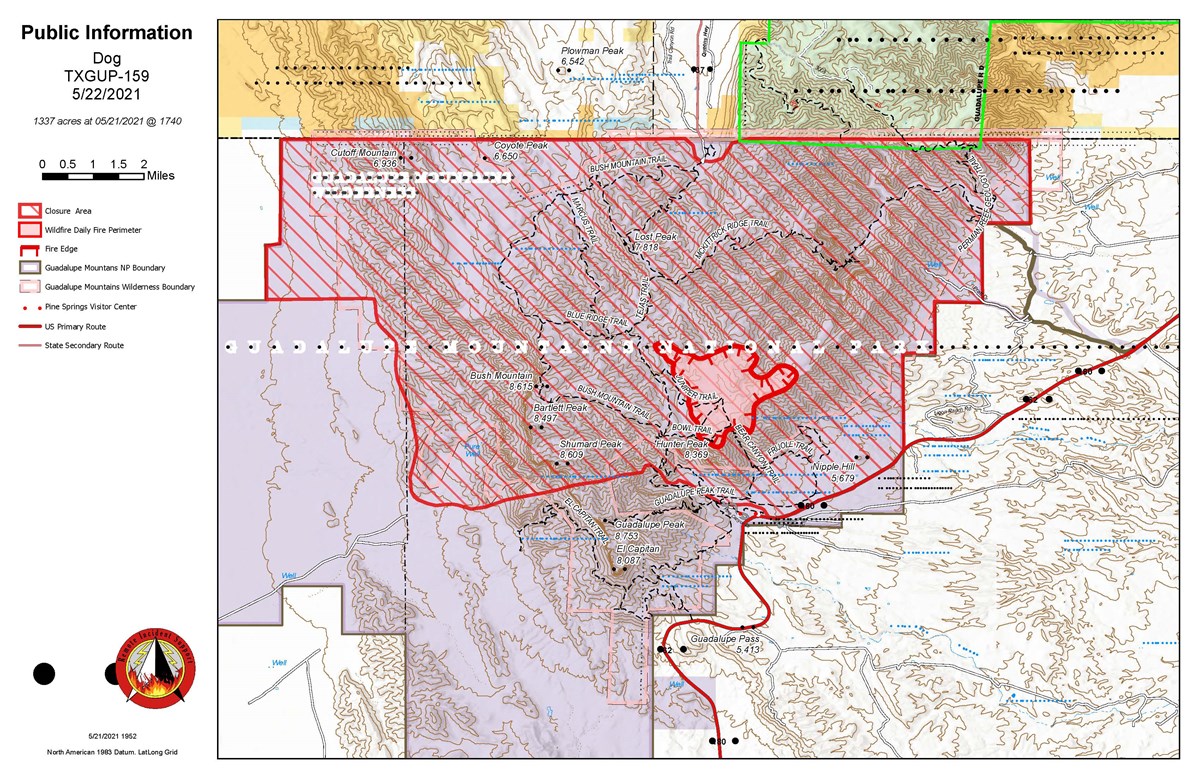 A map shows the current fire and closures of Guadalupe Mountains National PArk