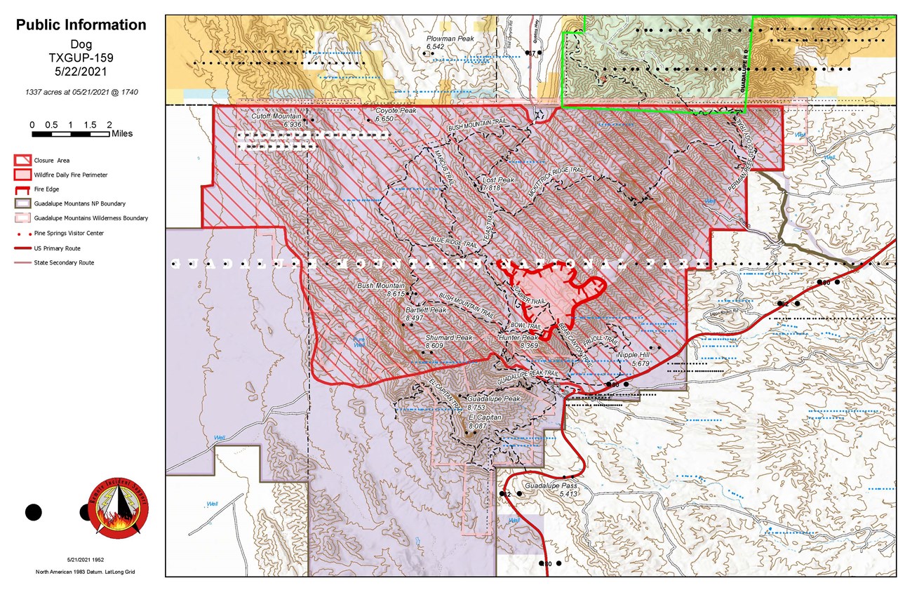 Map of Closures and Fire Footprint of Dog Fire on 5/22/2021 A map shows the current fire and closures of Guadalupe Mountains National PArk