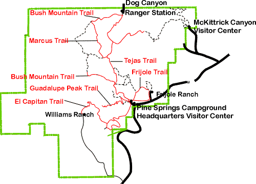Trails marked in red are available for horseback riding.