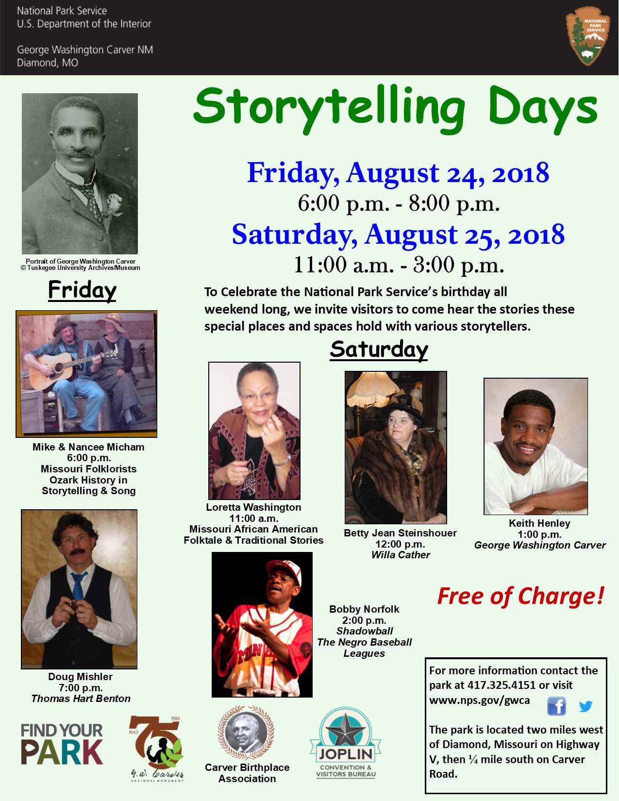 2018 Storytelling Days Event The photograph is for a special event at the park. The image includes a photo of George Washington Carver and 6 pictures of storytellers. There is also informational text and logos for the event.