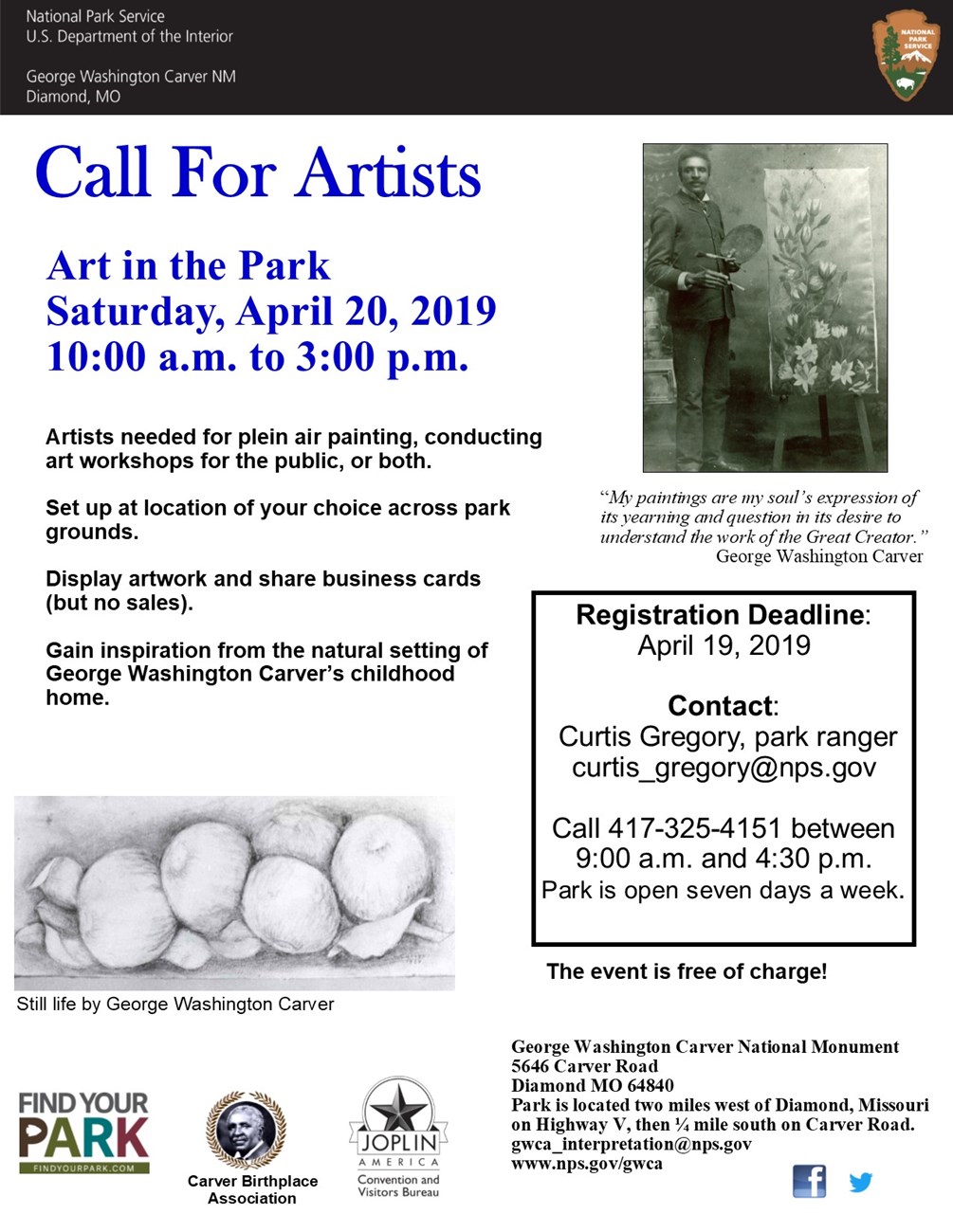 The photo is a poster for Call for Artists for Art in the Park special event. Additional images of Carver and his artwork as well as information text is included.