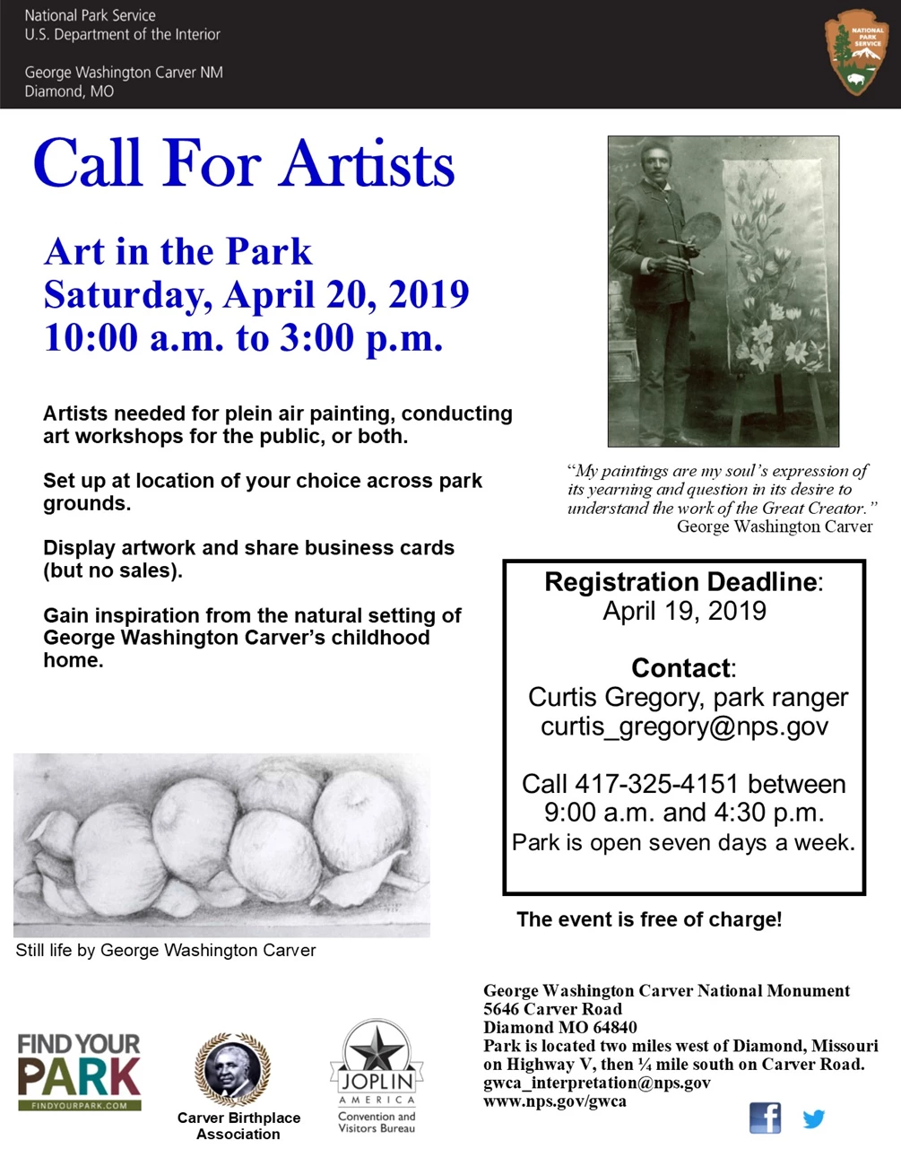 CALL for Artists 2019 The photo is a poster for Call for Artists for Art in the Park special event. Additional images of Carver and his artwork as well as information text is included.