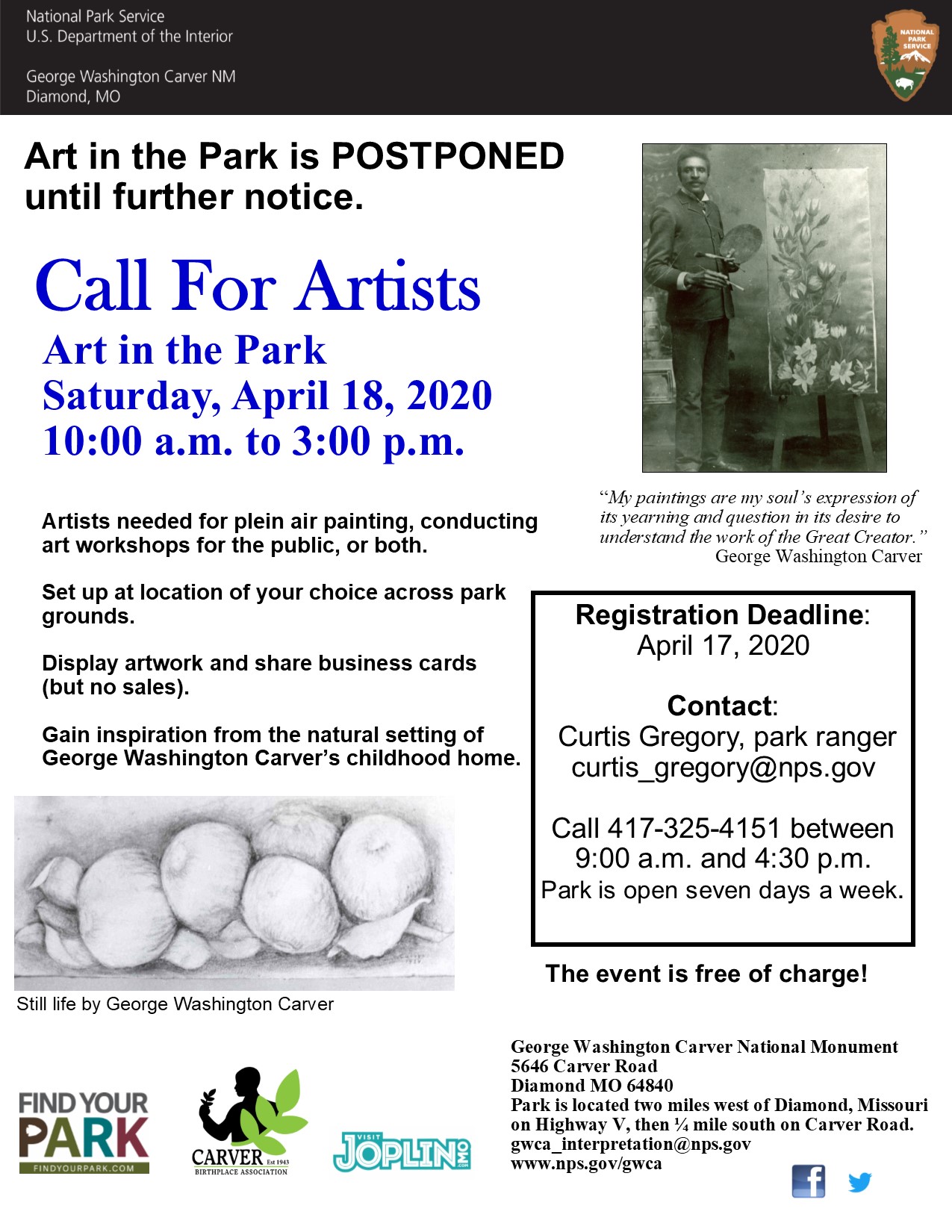 2020 Art in Park Call For Artists Poster regarding Call for Artists - Art in the Park event. Image includes event information with additional photographs of George Washington Carver and his artwork.