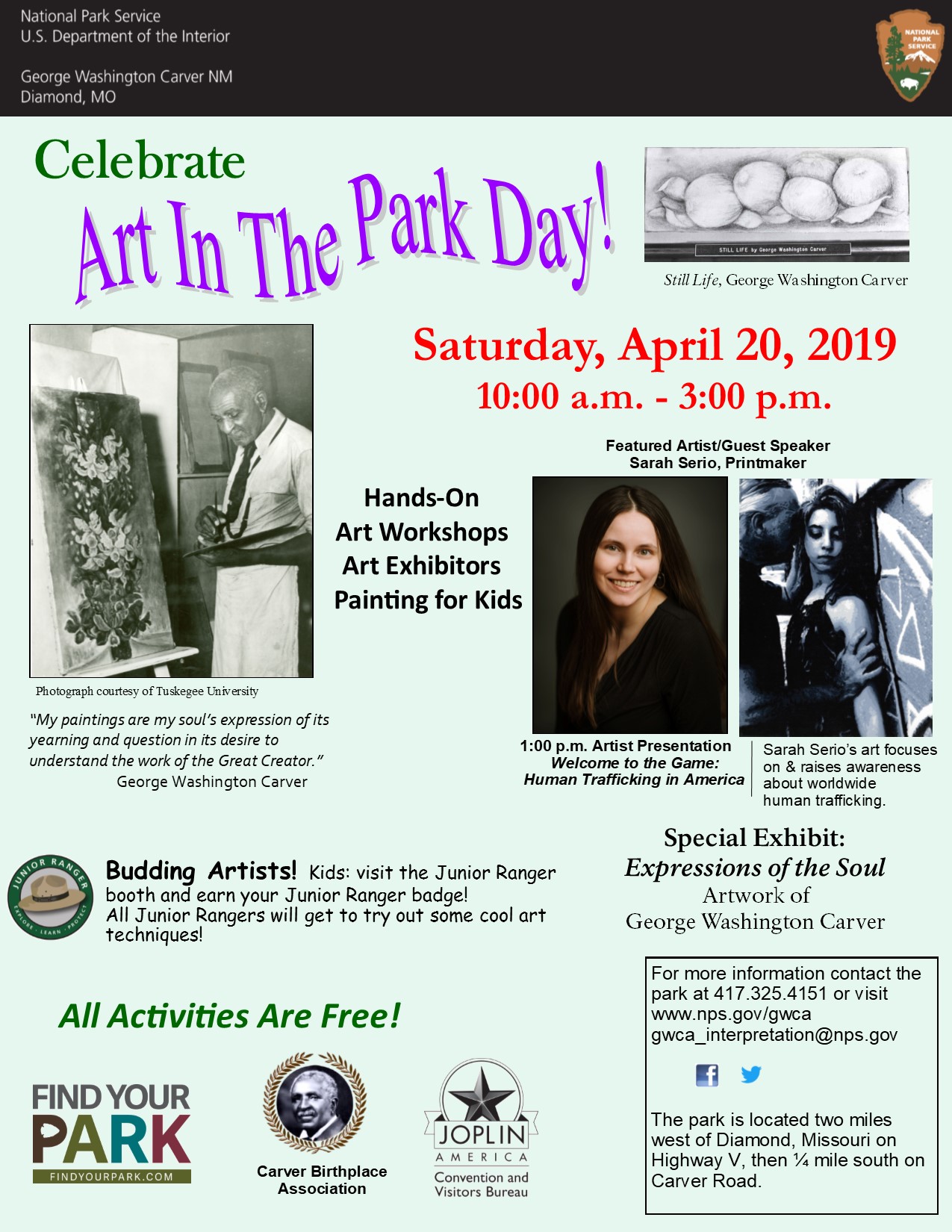 Art in Park Flyer 2019 Photograph is for Art in the Park special event. The picture includes additional images of George Washington Carver and the special guest speaker. Also included is informational text.