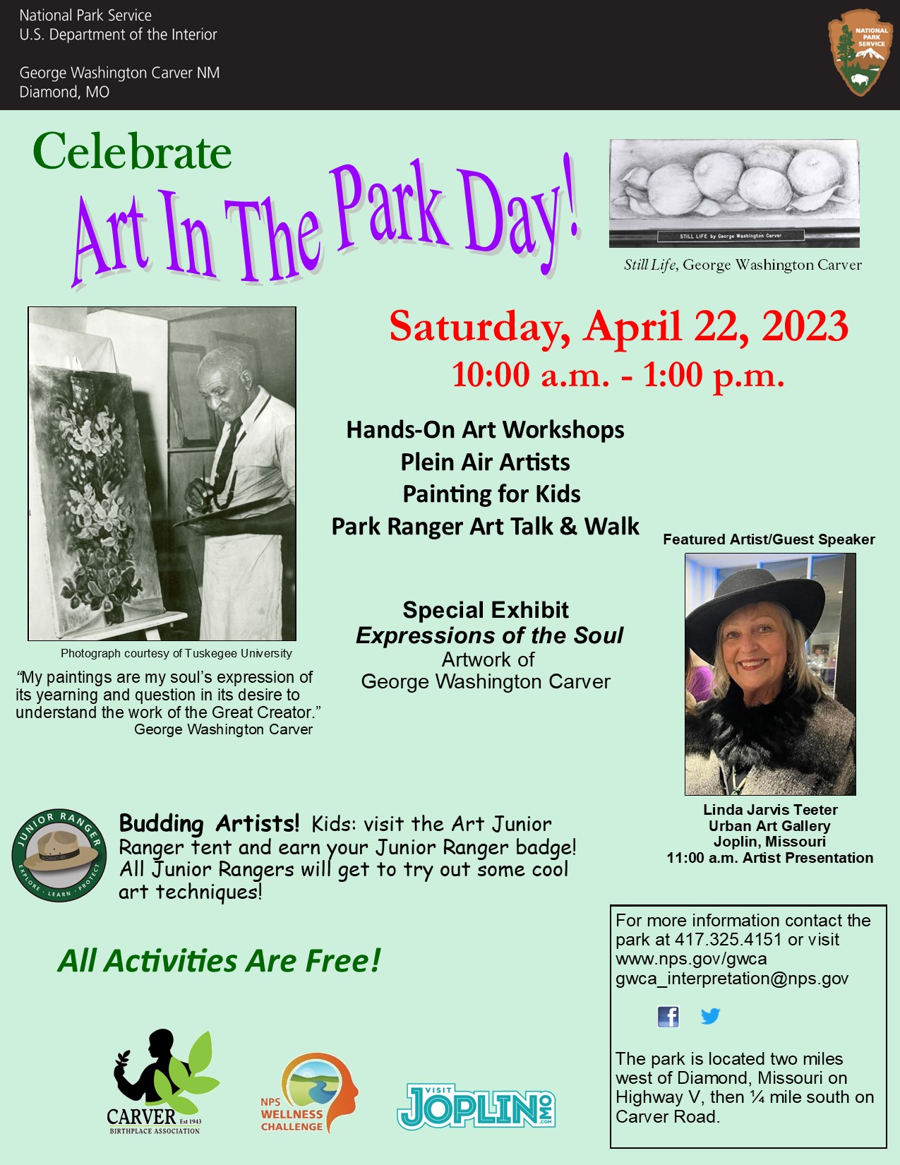 Art in Park Flyer 2023 Black and white image of George Washington Carver painting with an easel and head shot image of the woman with a black & gray weather and a black hat.