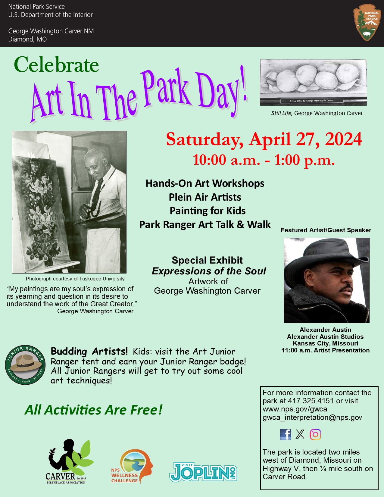 Art in in the Park 2024 Infographic for Art in the Park. A black and white photograph of George Washington paint and a headshot of a man wearing a black cowboy hat.