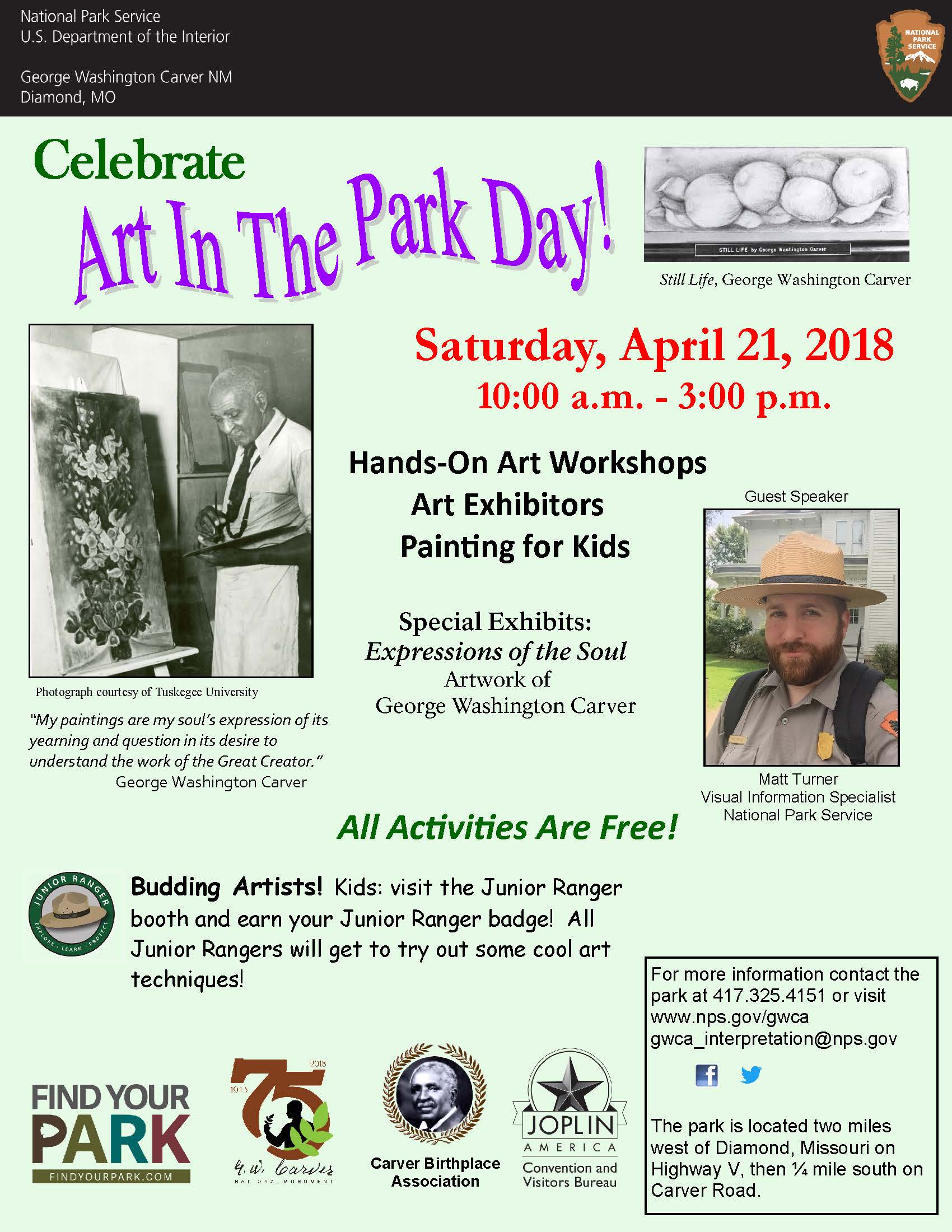 Art in the Park at George Washington Carver NM The photograph is for an upcoming park special event: Art in the Park. The poster includes several images and text about the event.