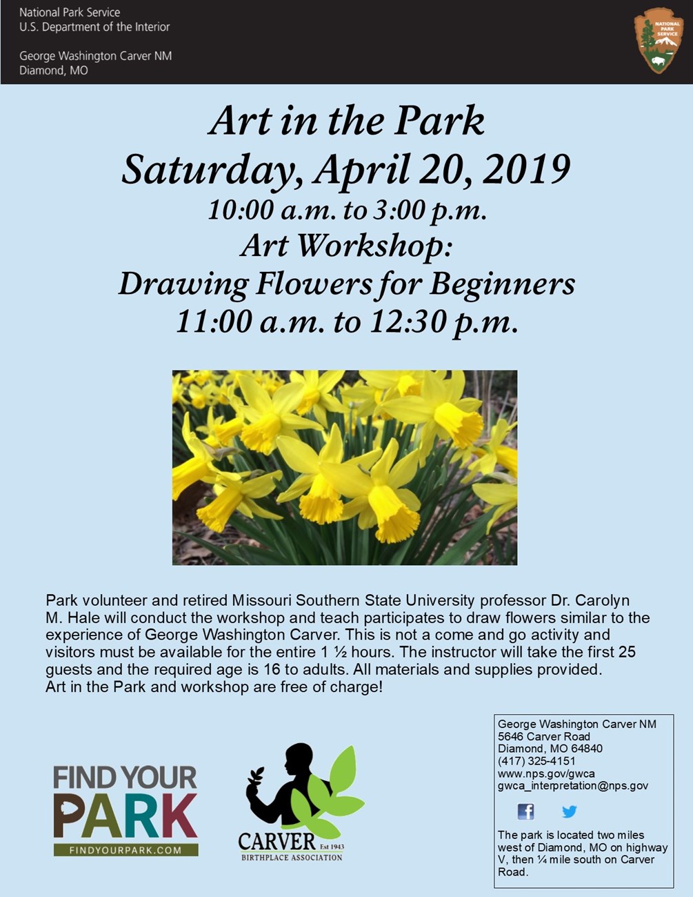 Photograph is for an art workshop. The image includes information about the workshop and a picture of daffodils.