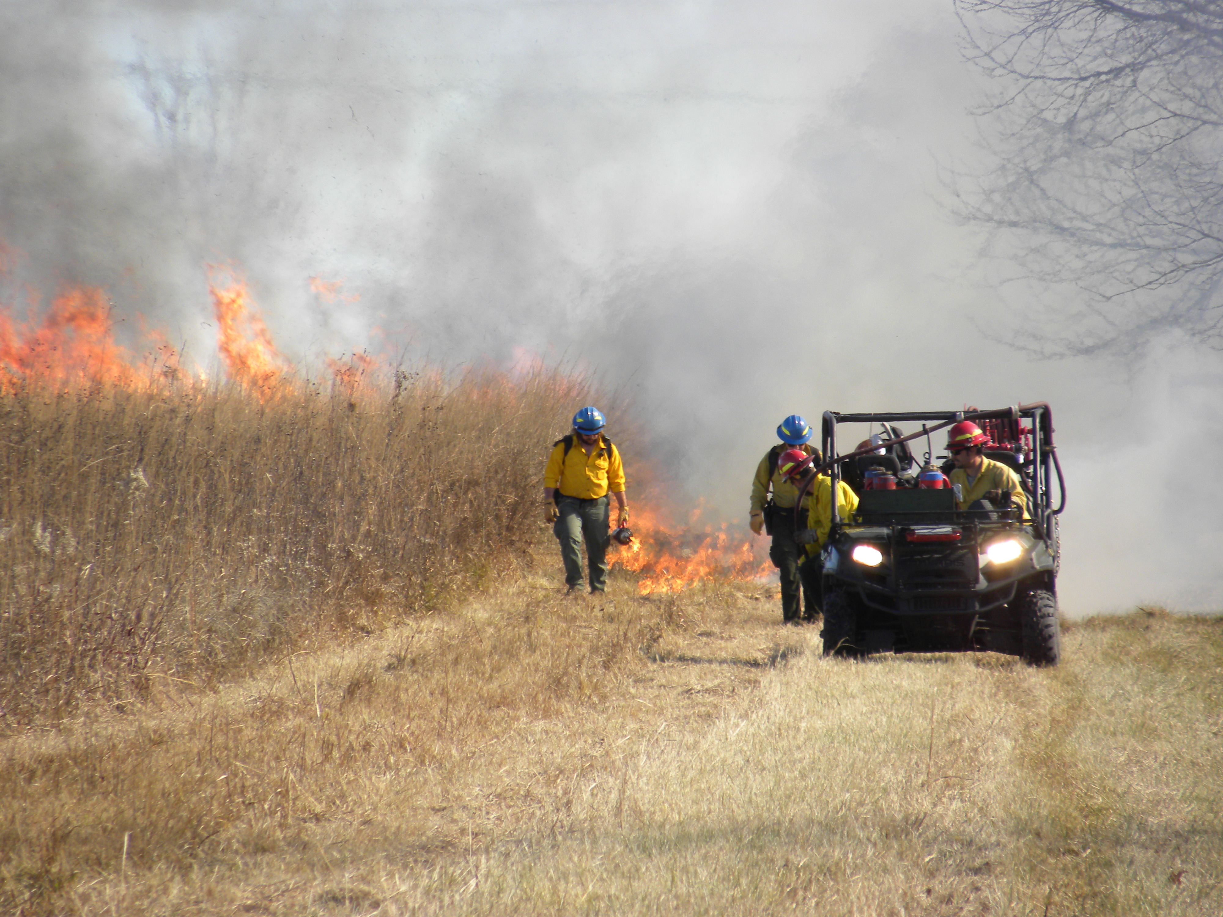 Prscrption burn at the park with 4 wildland fire fighher in a tallgrass prairie.