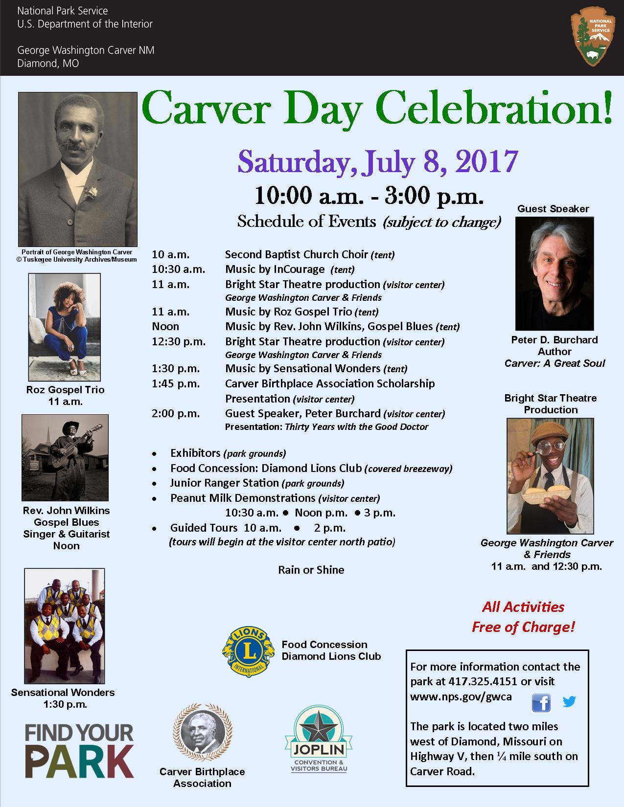 The image is a flyer for Carver Day 2017 special event. The photograph includes two black and white images of George Washington Carver and five image of special guests. The images also has informational text.