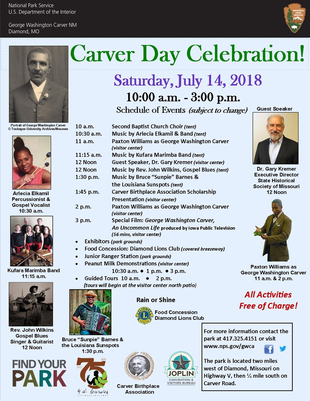 The image is for a park special event: Carver Day. The photograph includes additional images of guest speakers and music performers. There is also color logos and text-schedule of events.