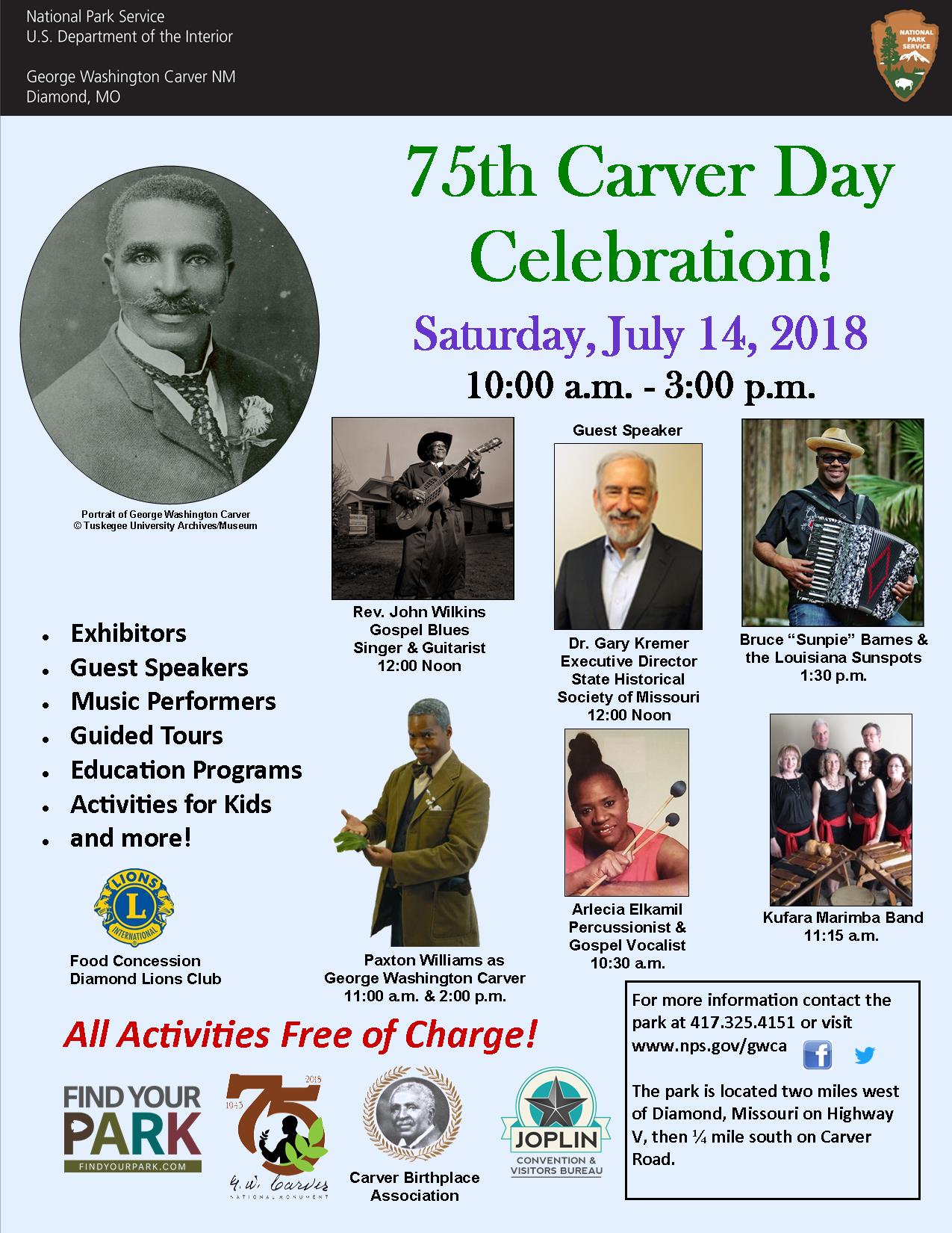 The photograph is for a park special event: Carver Day 2018. The poster includes several images of guests for the event as well as informational text.