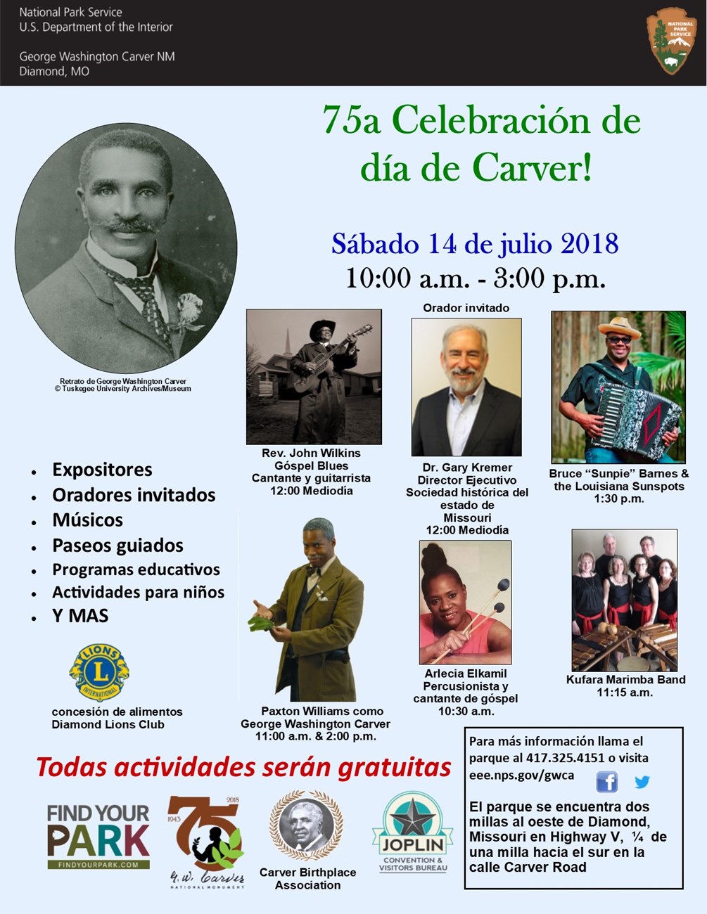 The image is for an upcoming park special event: Carver Day 2018. The information is in Spanish with photographs of guest speakers and performers.