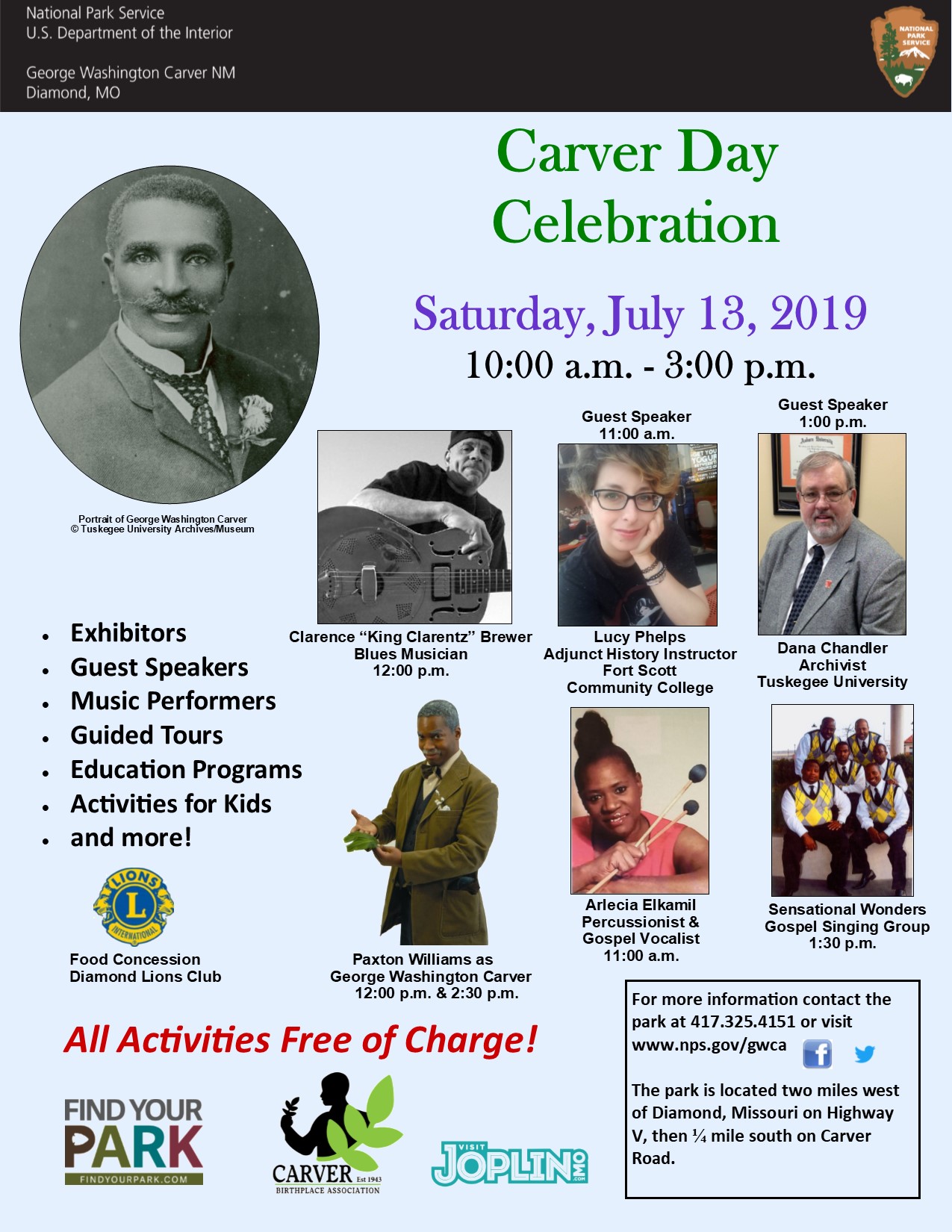 76th Annual Carver Day Celebration Photograph is for Carver Day special event at the park. The poster includes additional images of guests and information about the event.
