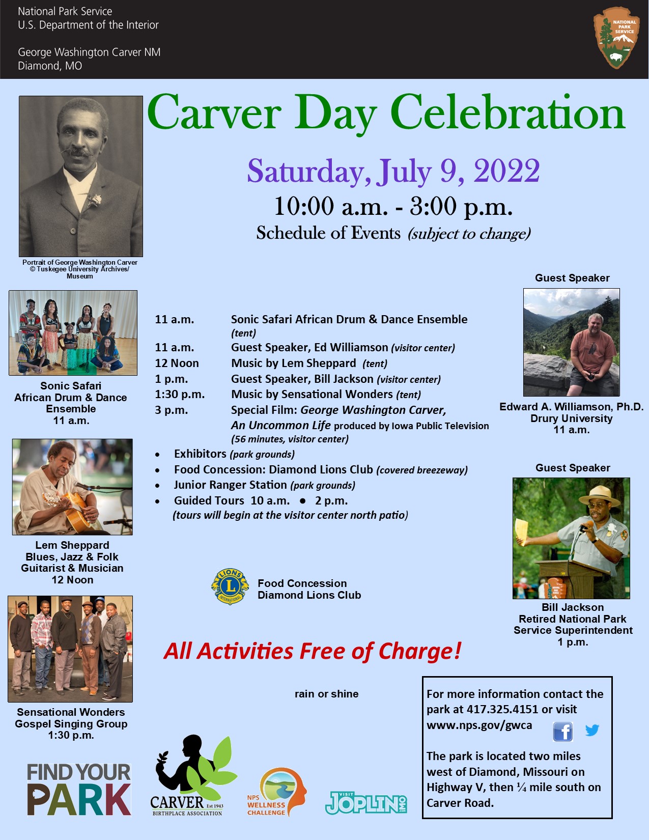 Carver Day 2022 Celebration Black & white image of George Washington Carver; a man in the brown shirt sitting outside; a man in the National Park Service uniform; a man playing a guitar outside; six men standing; 7 young adults dressed in colorful clothing.