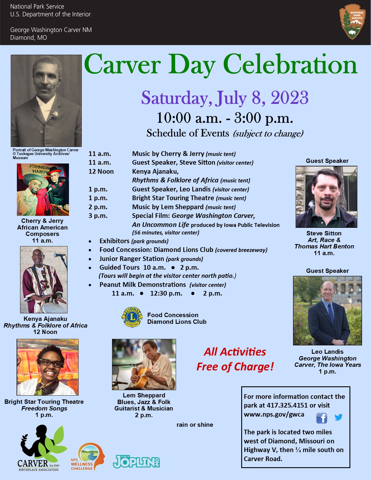 Infographic of light blue flyer with a photo of George Washington Carver in the top left corner and 5 additional images and logos at the bottom.