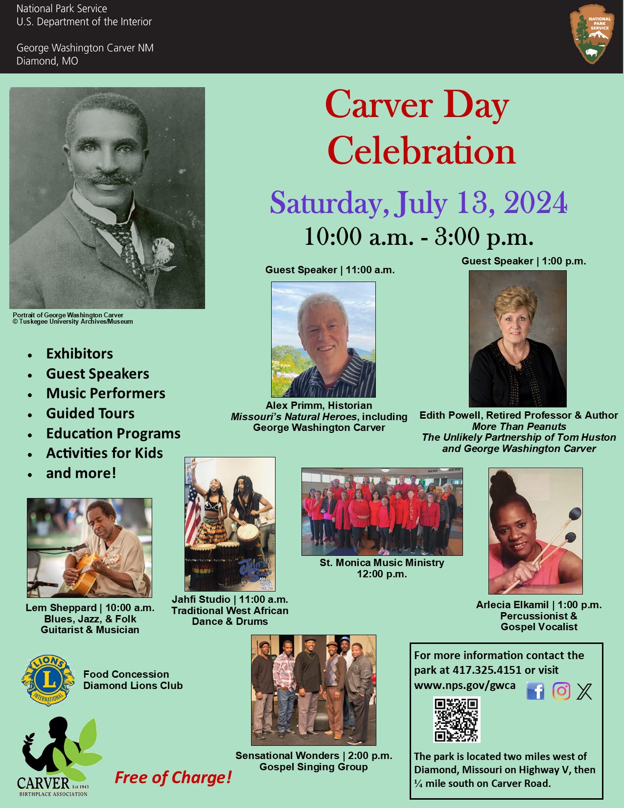 Carver Day Celebration 2024 Infographic: black and white photograph of George Washington Carver with a flower in the jacket lapel and additional images and logos.