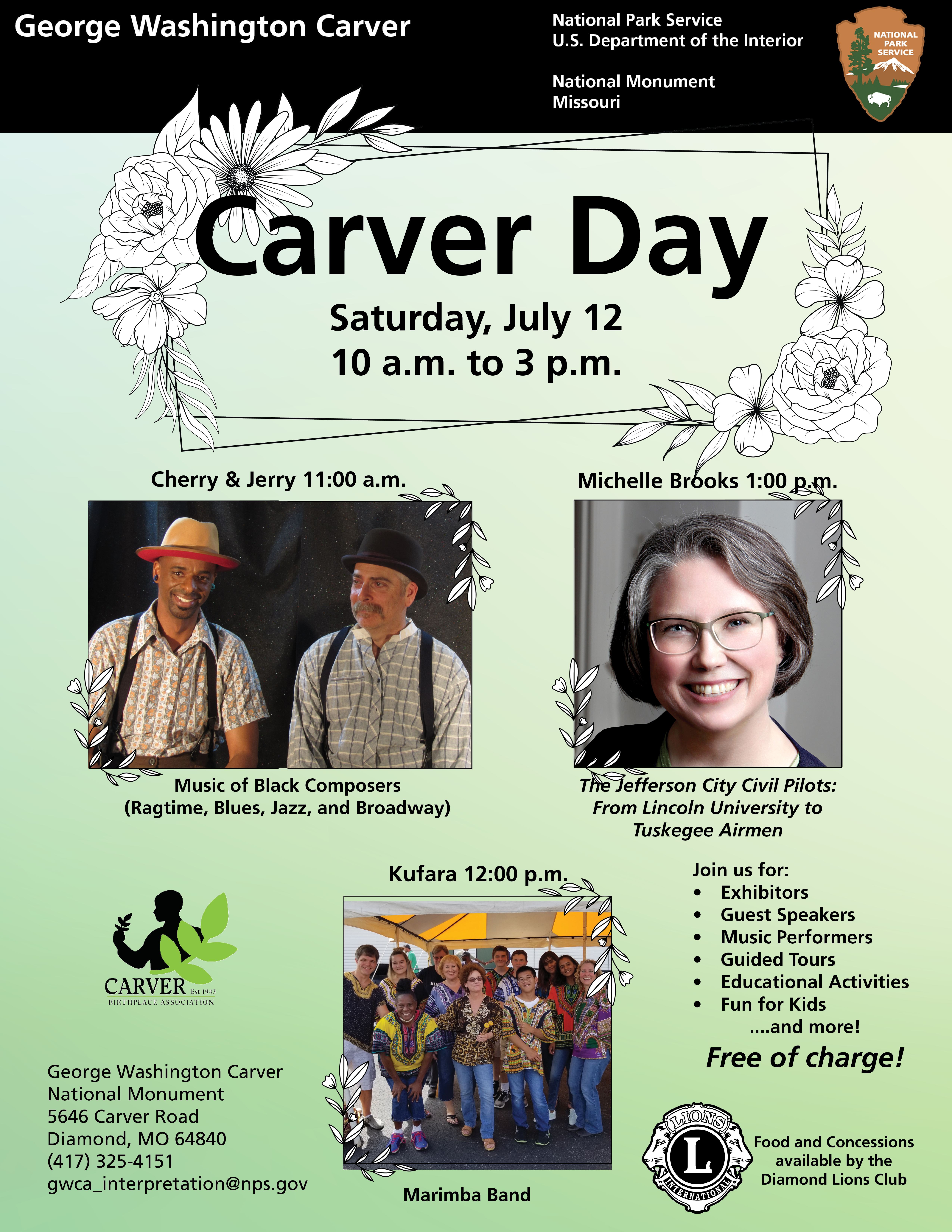 Infographic for Carver Day special event. Black and white headshot photograph of George Washington Carver with a flower in the jacket lapel. Headshot photograph of a woman wearing green shirt and blue sweater. Image of two men sitting. Both are wearing ha