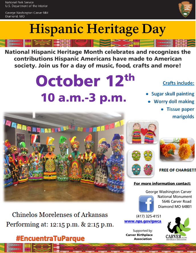 The photograph is a poster for Hispanic Heritage Day celebration. The image includes additional images of performers, crafts and text about the event.
