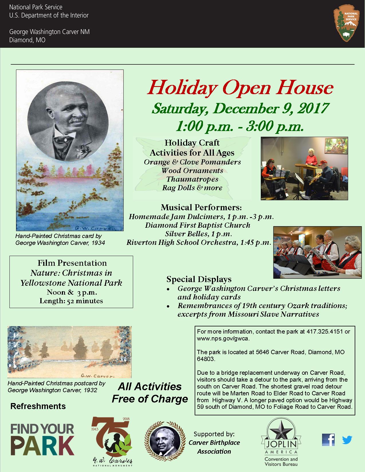 The image is a poster for an upcoming Holiday Open House special event. The image includes photographs of George Washington Carver and music performers. There is also informational text.