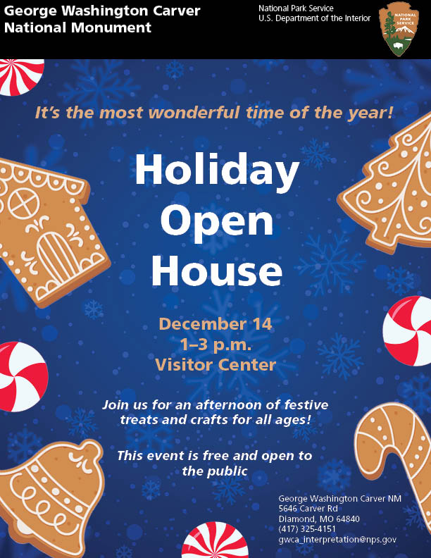 Holiday Open House 2024 Infographic with images of brown gingerbread-shaped cookies and red and white candy.