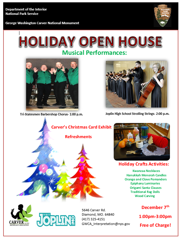 Poster includes images of men in green vests and high school orchestra dressed in black. There are also three colorful trees and information about the event.