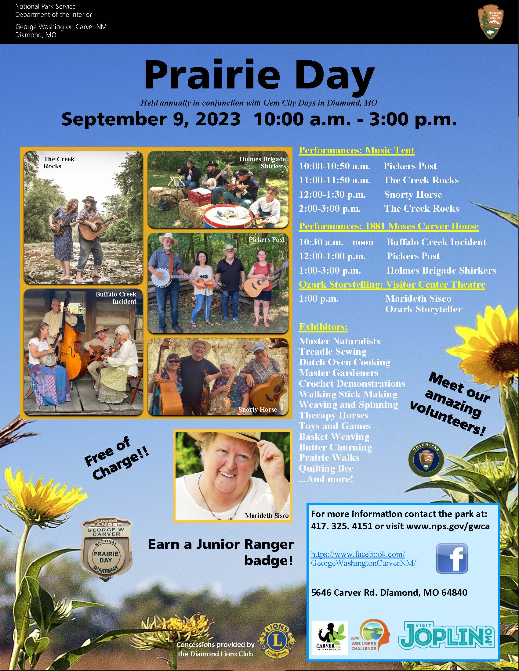 Prairie Day 2023 Photo description: Info graphic with the text is found in the post description above. Below the text is a collage of 6 images of musicians. One photo is of a woman tipping her hat in a smile, caption reads "Merideth Sisco."