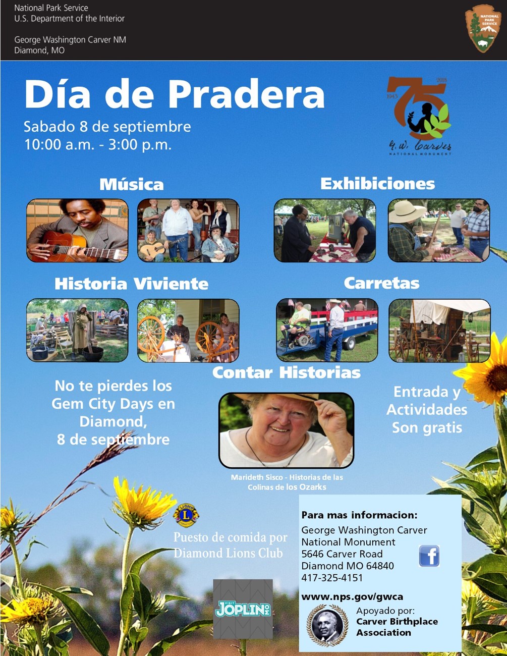 The photograph is for an upcoming special event called Prairie Day. The poster has been translated in Spanish.