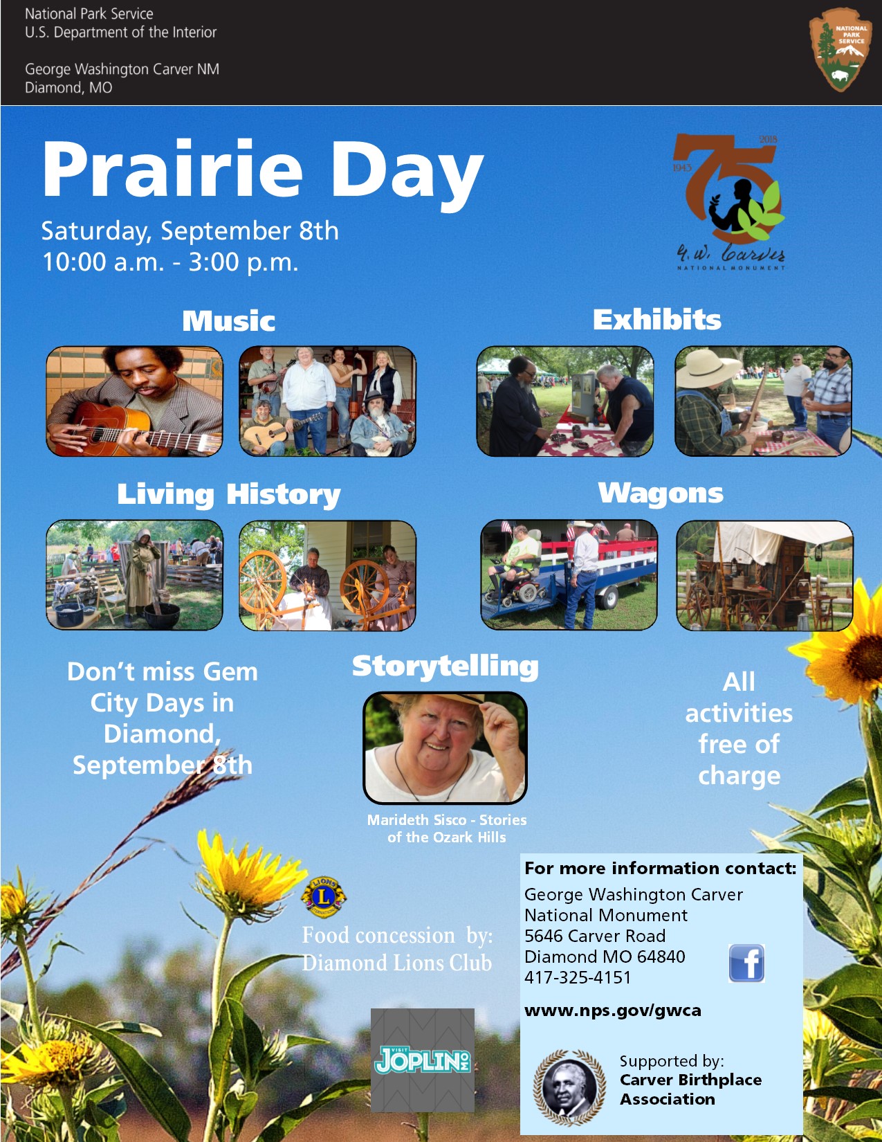 Prairie Day 2018 The photograph is for an upcoming special event called Prairie Day. The photo includes images of music performers, storyteller, historic cultural demonstrators, exhibitors and wagon rides. There is also information text about the event.