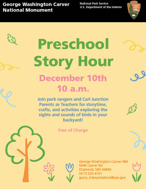 Preschool Story Hour Infograohic with various flowers and trees of many colors.
