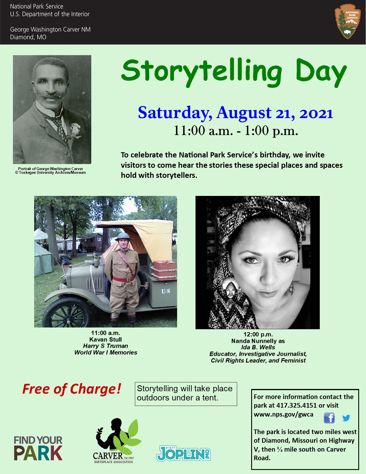 Storytelling Day 2021 with images of George Washington Carver and two storyteller: one man dressed in a WWI uniform in front of a truck and a women with printed head scarf.