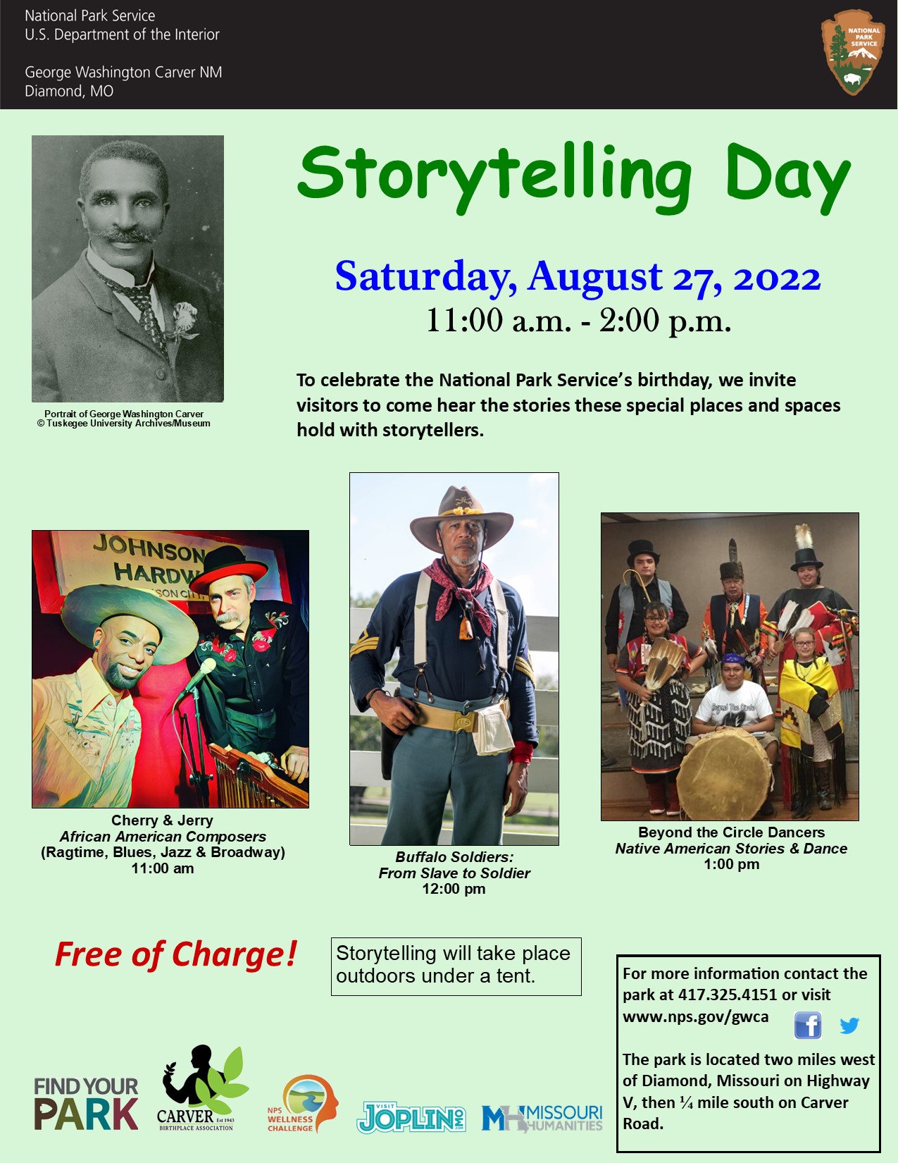 Black and white photograph of George Washington Carver. Photograph of two men with hats. Photograph of the man dressed in historic period clothing. Photograph of the group dressed in colorful clothing.