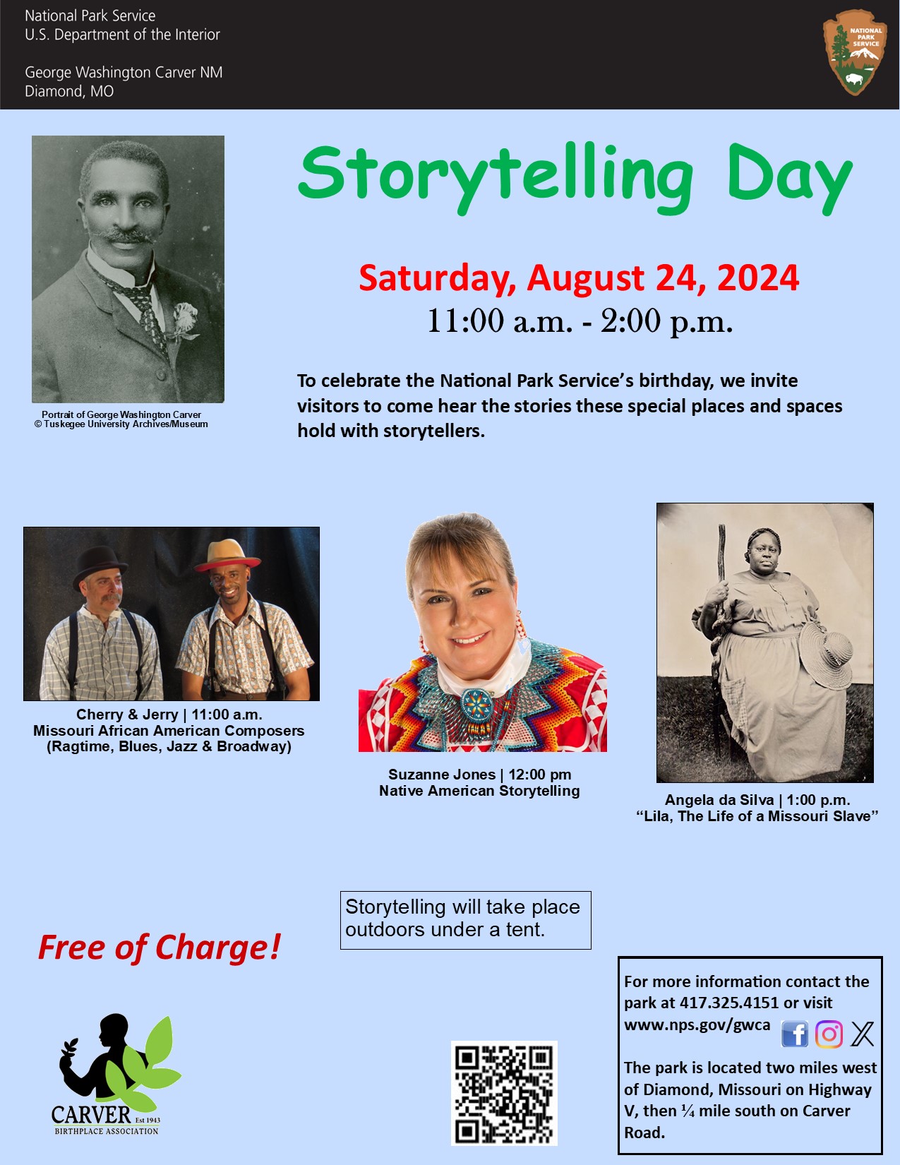 Storytelling Day Flyer 2024 7.27 Infographich with image of George Washington Carver and three individuals.