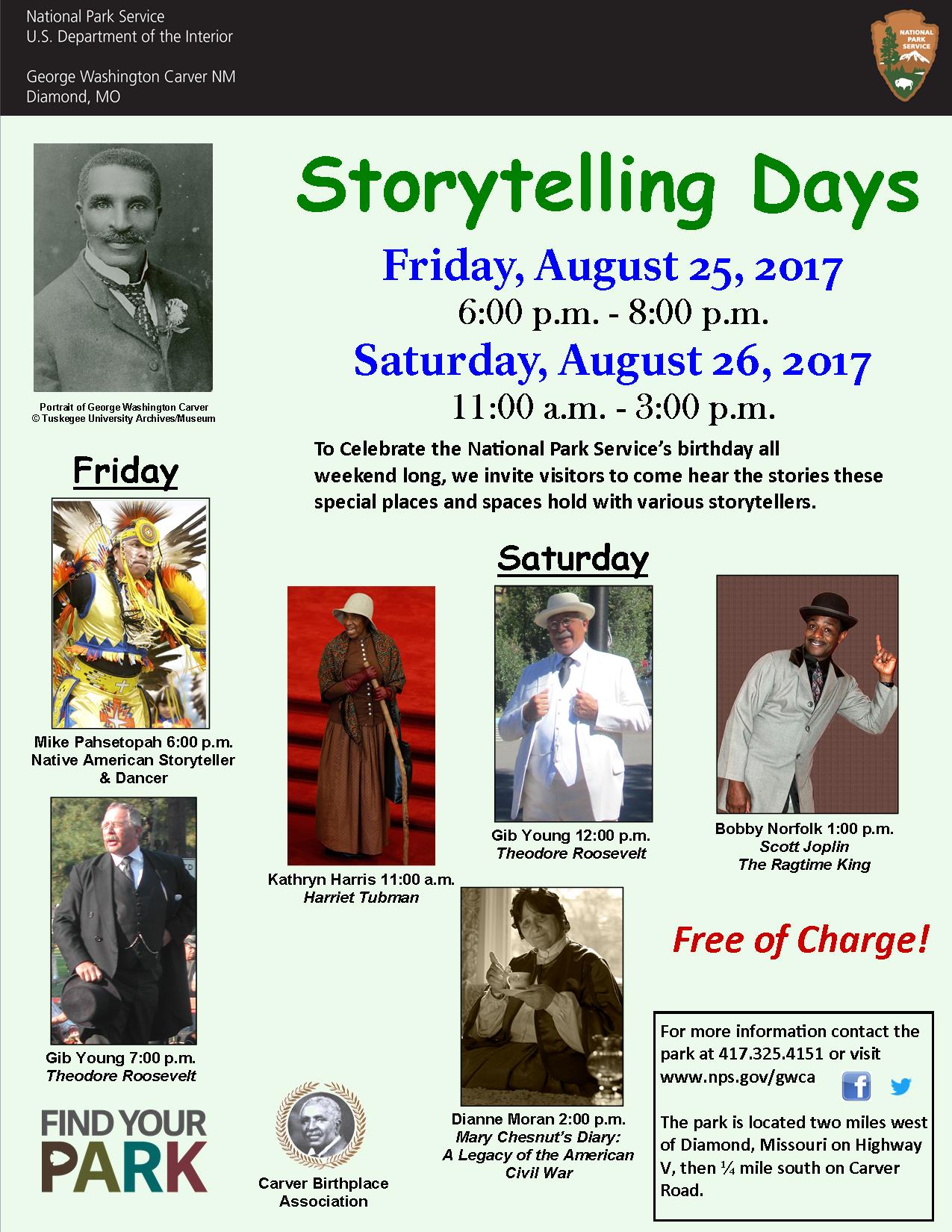 Image includes information about an upcoming event at the park. The photographs also has images of George Washington Carver and storytellers for the event.