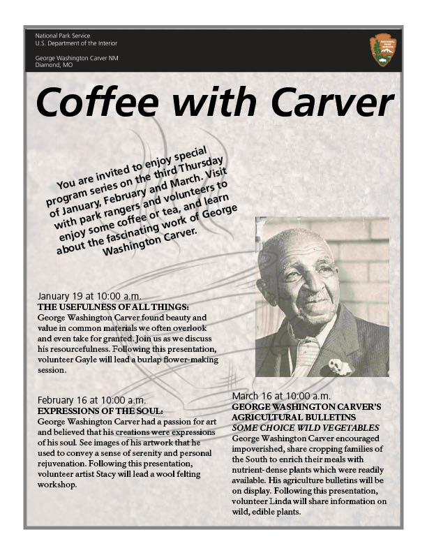 Coffee with George Washington Carver Program Black and white headshot photograph of George Washington Carver.