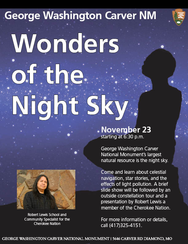 Astronomy: Wonders of the Night Sky Program Poster includes images of George Washington Carver statue as a child, stars, and man with dark hair and dark jacket. There is also text.