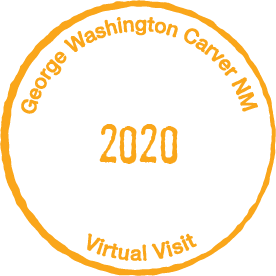 Right click the image to download and print the stamp for your passport book. Circular orange stamp with the text George Washington Carver NM  Virtual Visit 2020