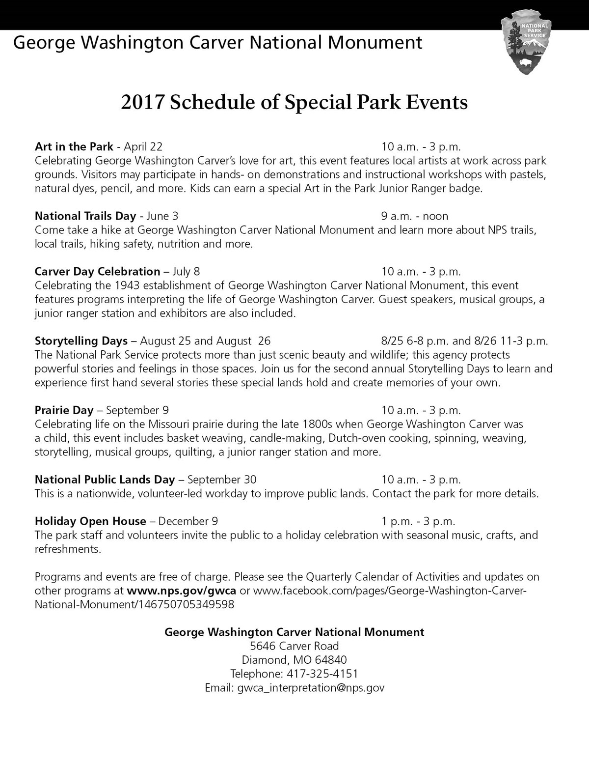 2017 Schedule of Park Special Events