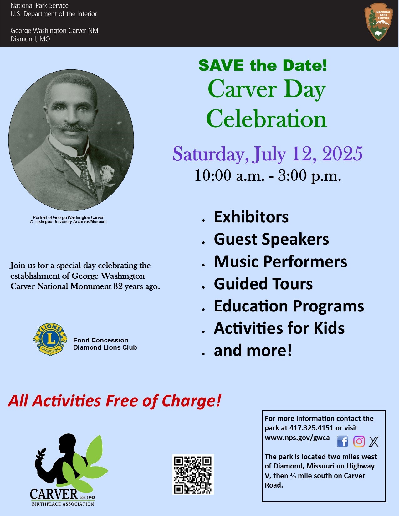 Infographic for park special event. Black and white portrait headshot of George Washington Carver wearing a suit jacket, tie, and flower in the right jacket lapel. Included is a black and green logo for Carver Birthplace Association.