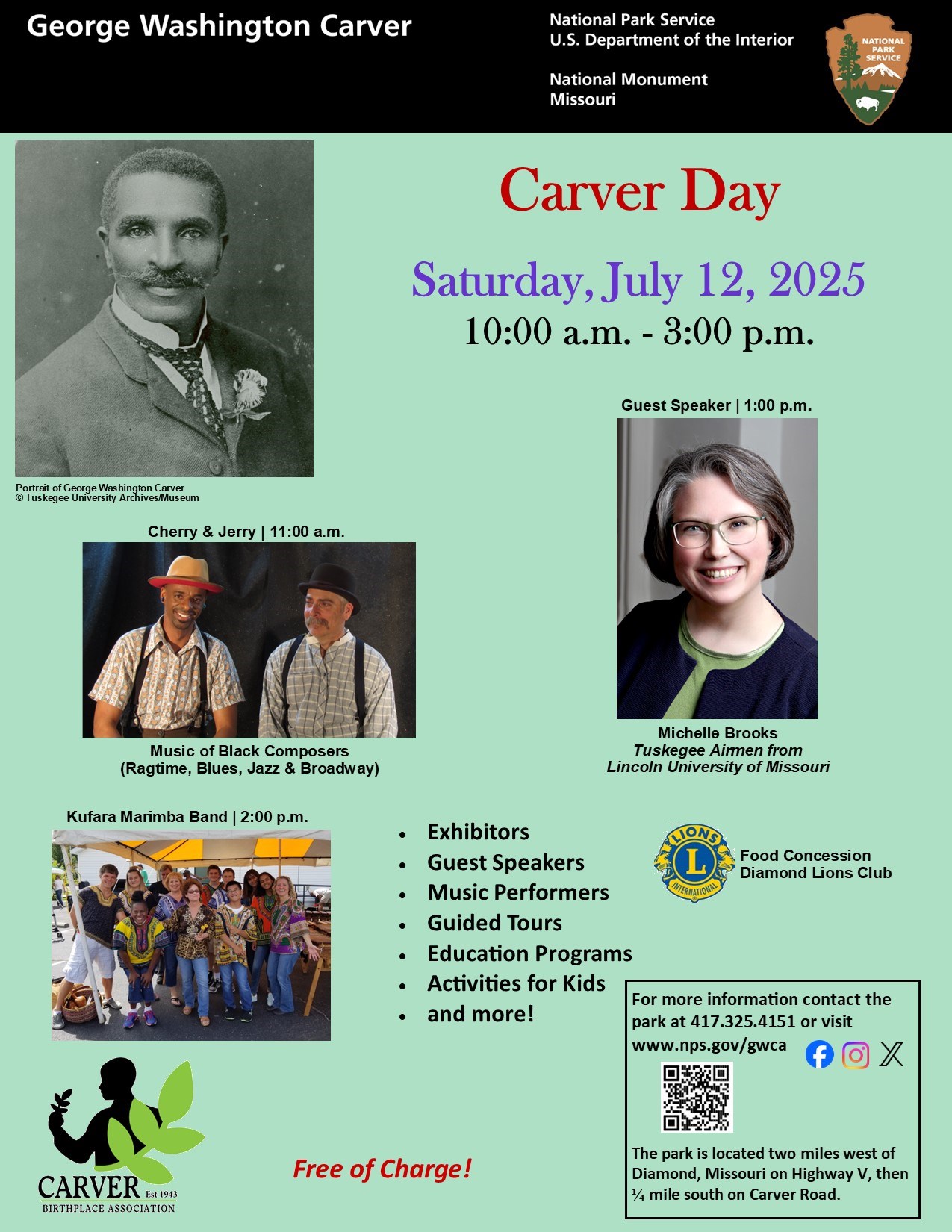 Infographic for Carver Day special event. Black and white headshot photograph of George Washington Carver with a flower in the jacket lapel. Headshot photograph of a woman wearing green shirt and blue sweater. Image of two men sitting. Both are wearing ha