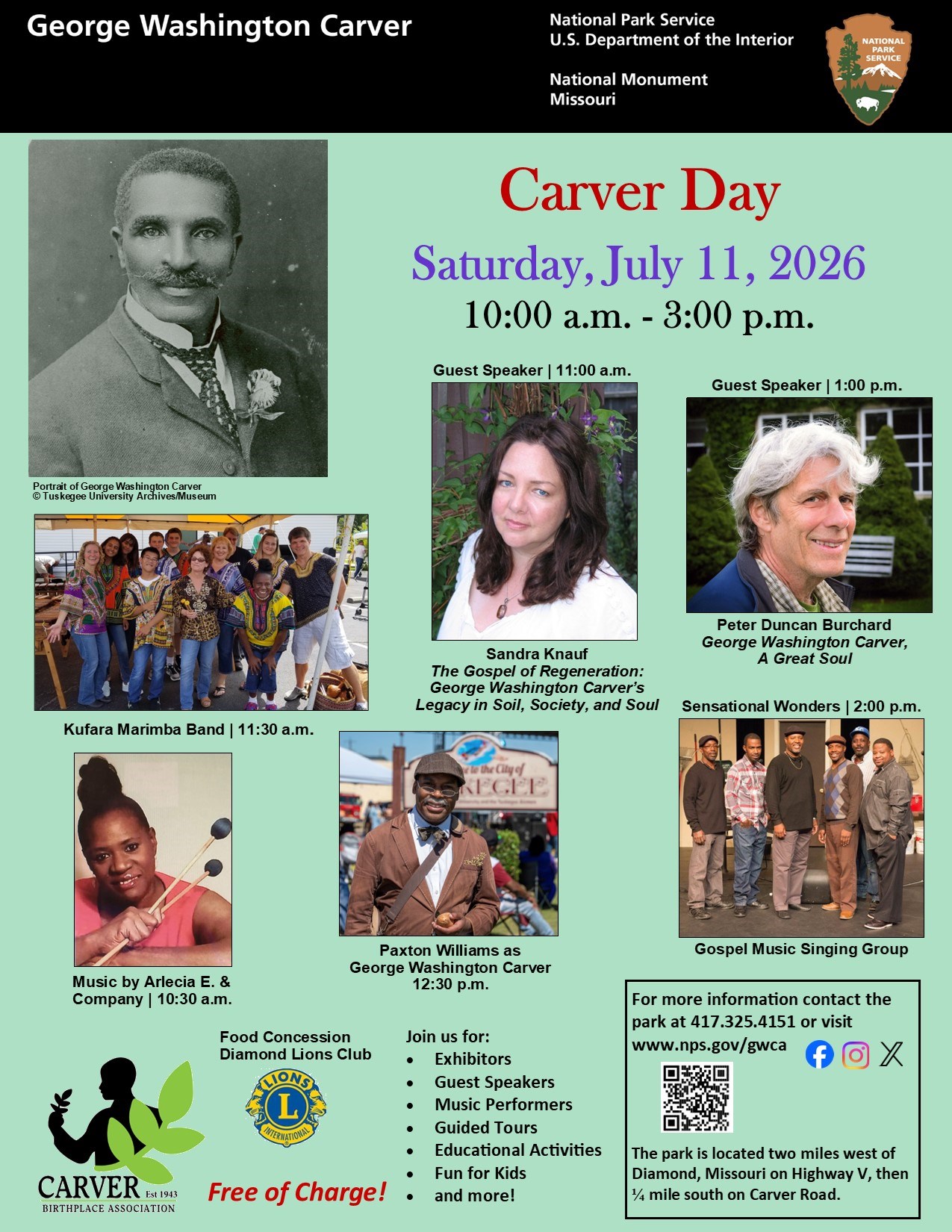 Infographic for park special event.  Black and white photograph of George Washington Carver. Other images include guest speaker and music performers.