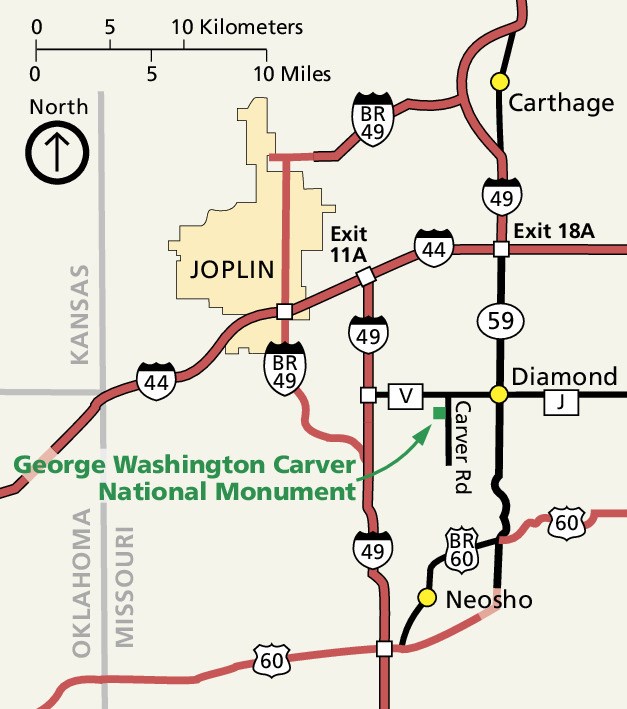 Directorial map for the park. The park is located in the center of the map to the east of I49, which runs north-south. I44 runs east-west through Joplin in the north of the map. Route 60 runs east-west through the south of the map and Neosho.