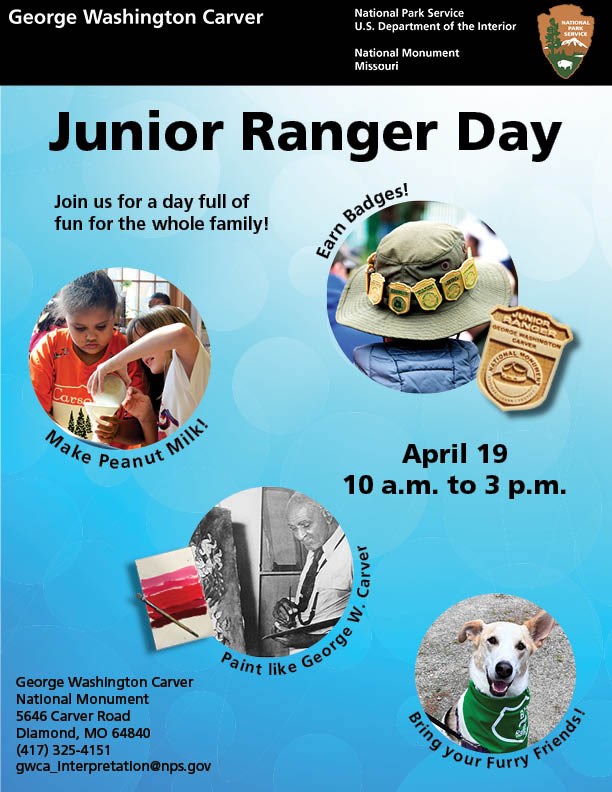 A kid wearing a hat with several junior ranger badges attached A dog wearing a green bandanna. Black and white image of George Washington Carver painting. Two children making peanut milk in the Carver science classroom.