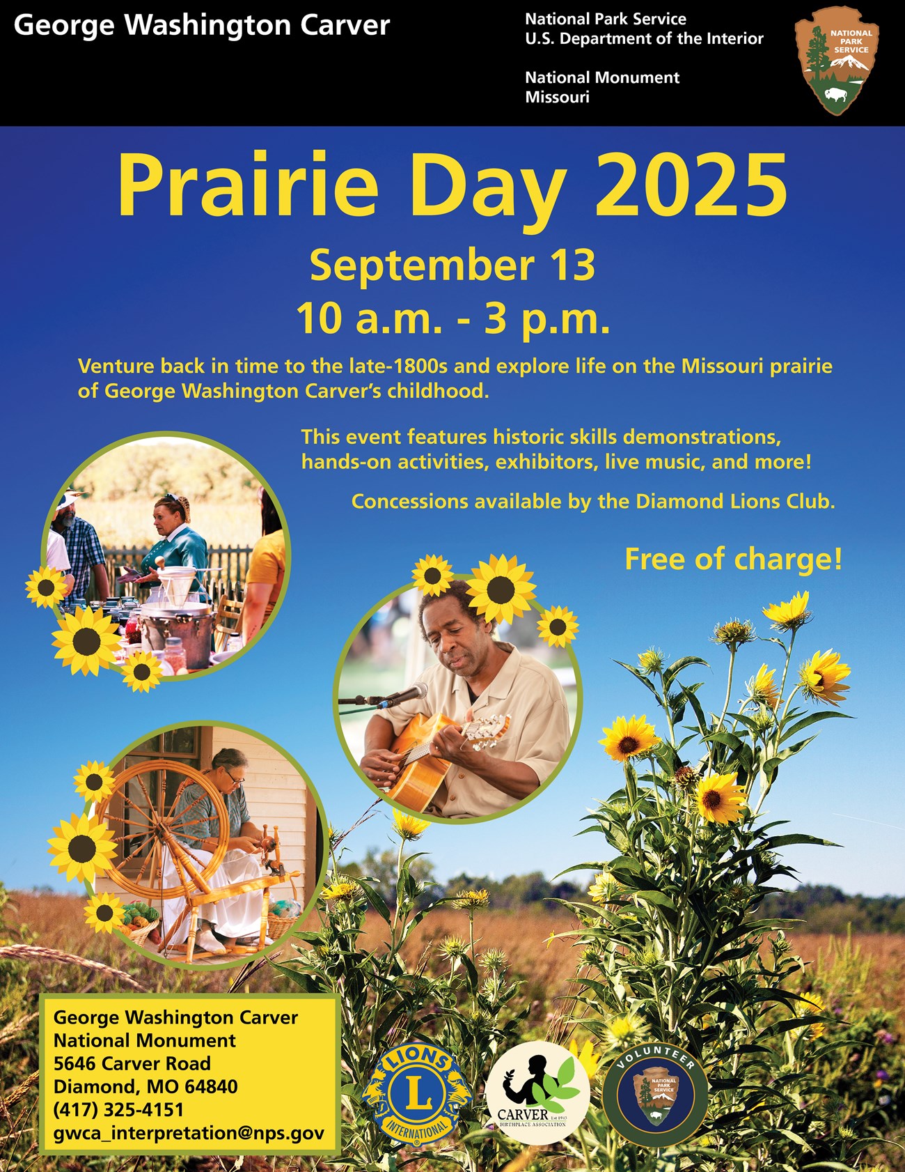 Infographic for Prairie Day special event. Image of a women standing in front of table wearing a blue dress. Photograph of a women wearing a green prairie dress with white apron and has a spinning wheel. Photographic of a man playing a guitar.
