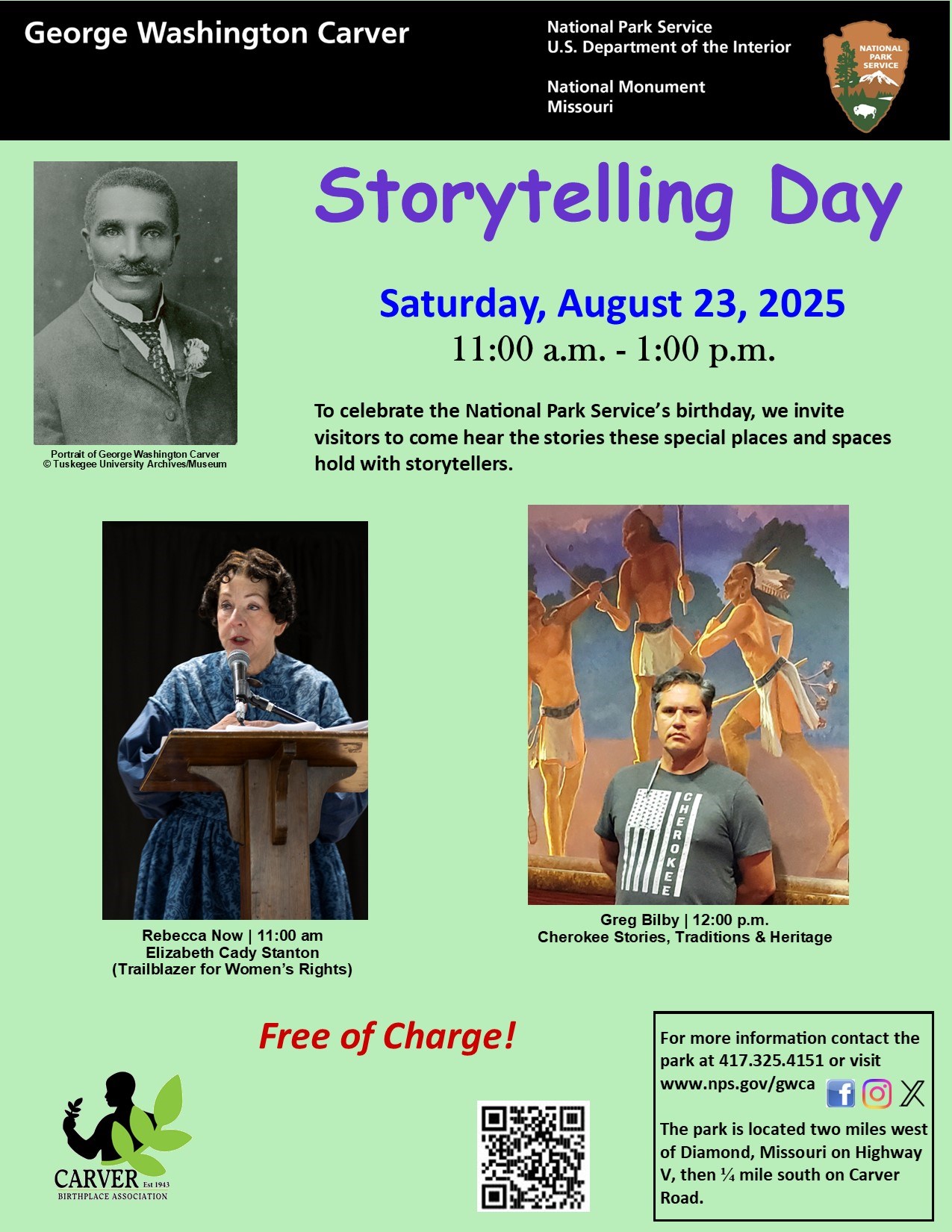 Infographic for Storytelling Day special event. Black and white image of George Washington Carver. Image of a woman dressed in historic period clothing.  A man in a green shirt standing in front of a painting of Native Americans.