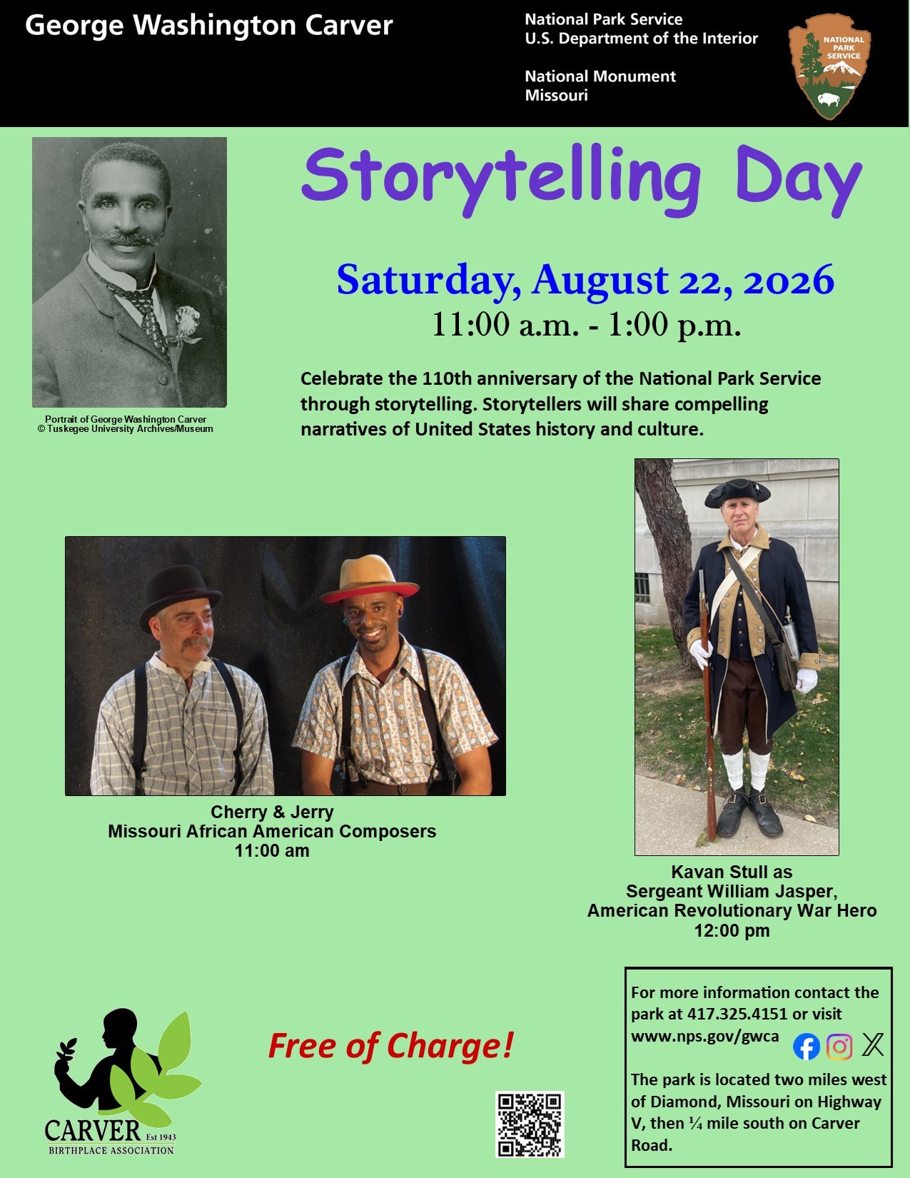 Infographic for upcoming special event. Images include a black and white photograph of George Washington Carver. An image of two men sitting with hats. An image of the man dressed in historic period Revolutionary Was uniform.