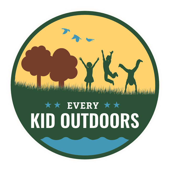 Every Kid in a Park logo with brown trees, blue sky, and three kids playing. The background colors include: yellow, green, and blue.